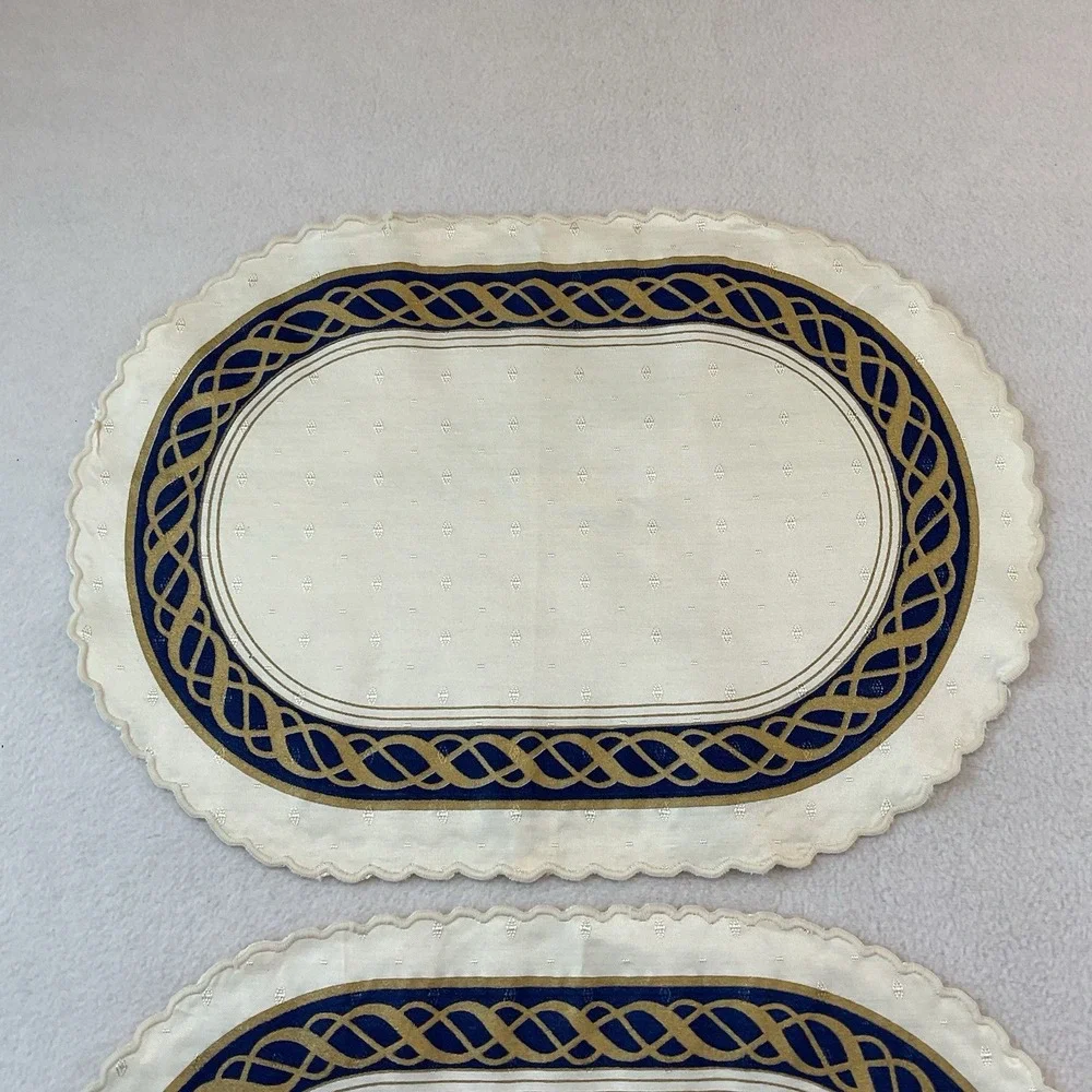 Lenox Hamilton Oval Placemats Cloth Set Of 2 Ivory Gold Navy Blue Vintage Lot #6